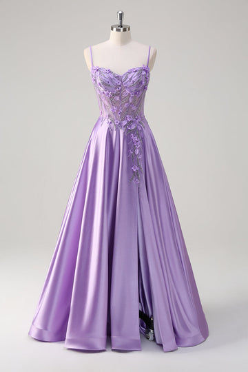 Purple A Line Spaghetti Straps Floral Long Formal Dress with Slit